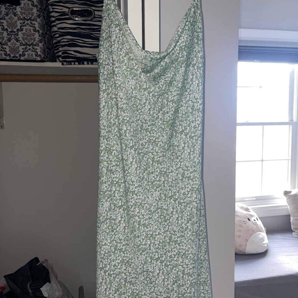 SHEIN Sage Green & White Floral Cowl Slip Dress